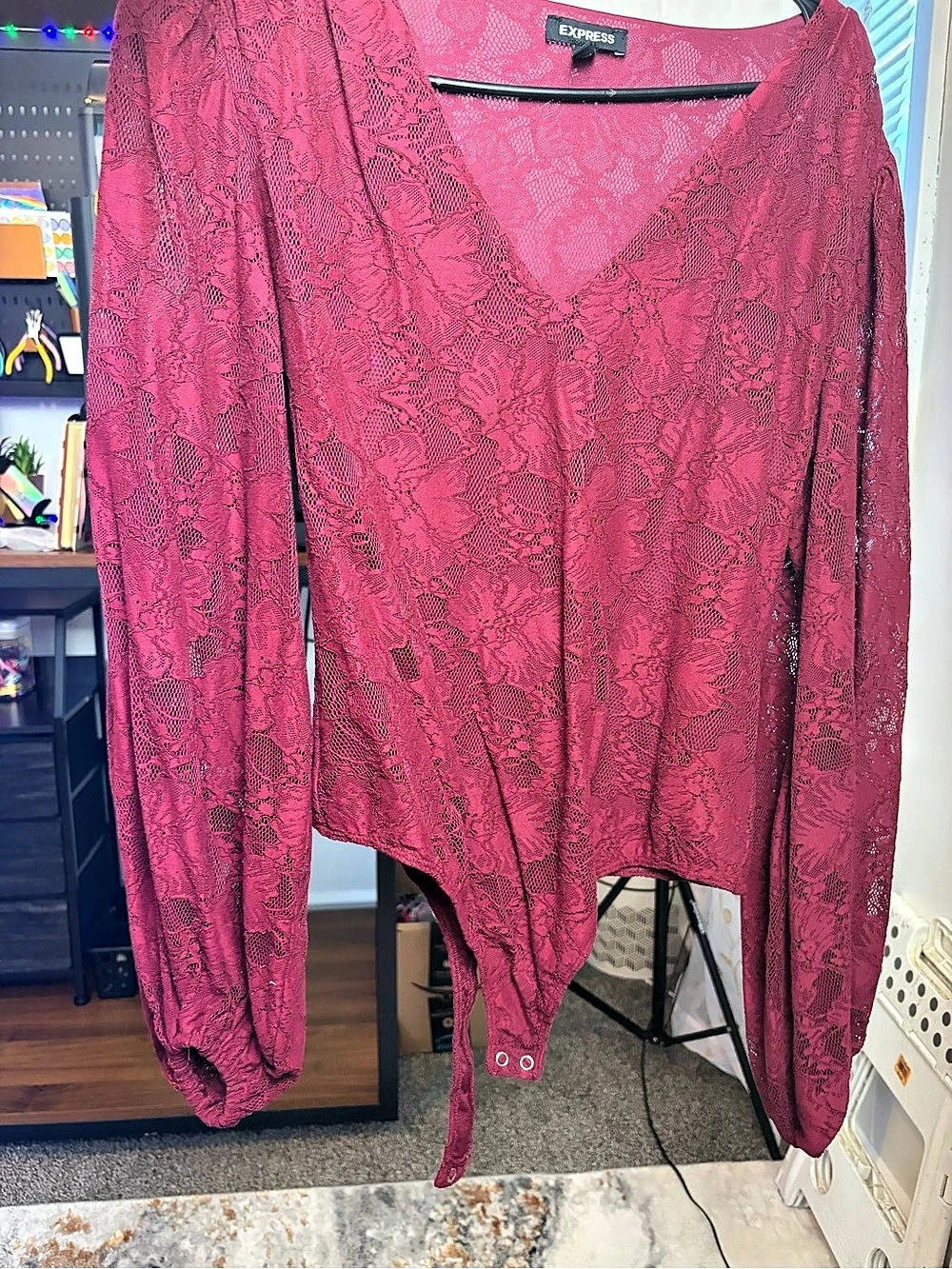 Express Lace V-Neck Long Sleeve Blouse in Pink Like New